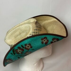 Straw Cowboy Hat with Turquoise Floral Brim